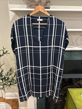 VINCE Navy and White Windowpane dress 100 % Silk